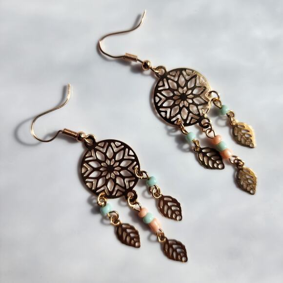 Golden Dreamcatcher Boho Earrings - Picture 1 of 6
